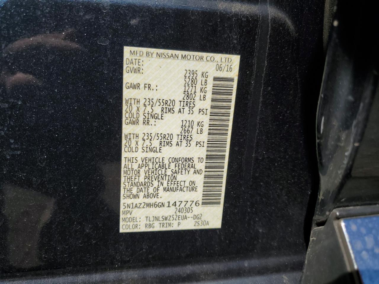 2016 Nissan Murano S VIN: 5N1AZ2MH6GN147776 Lot: 85665895