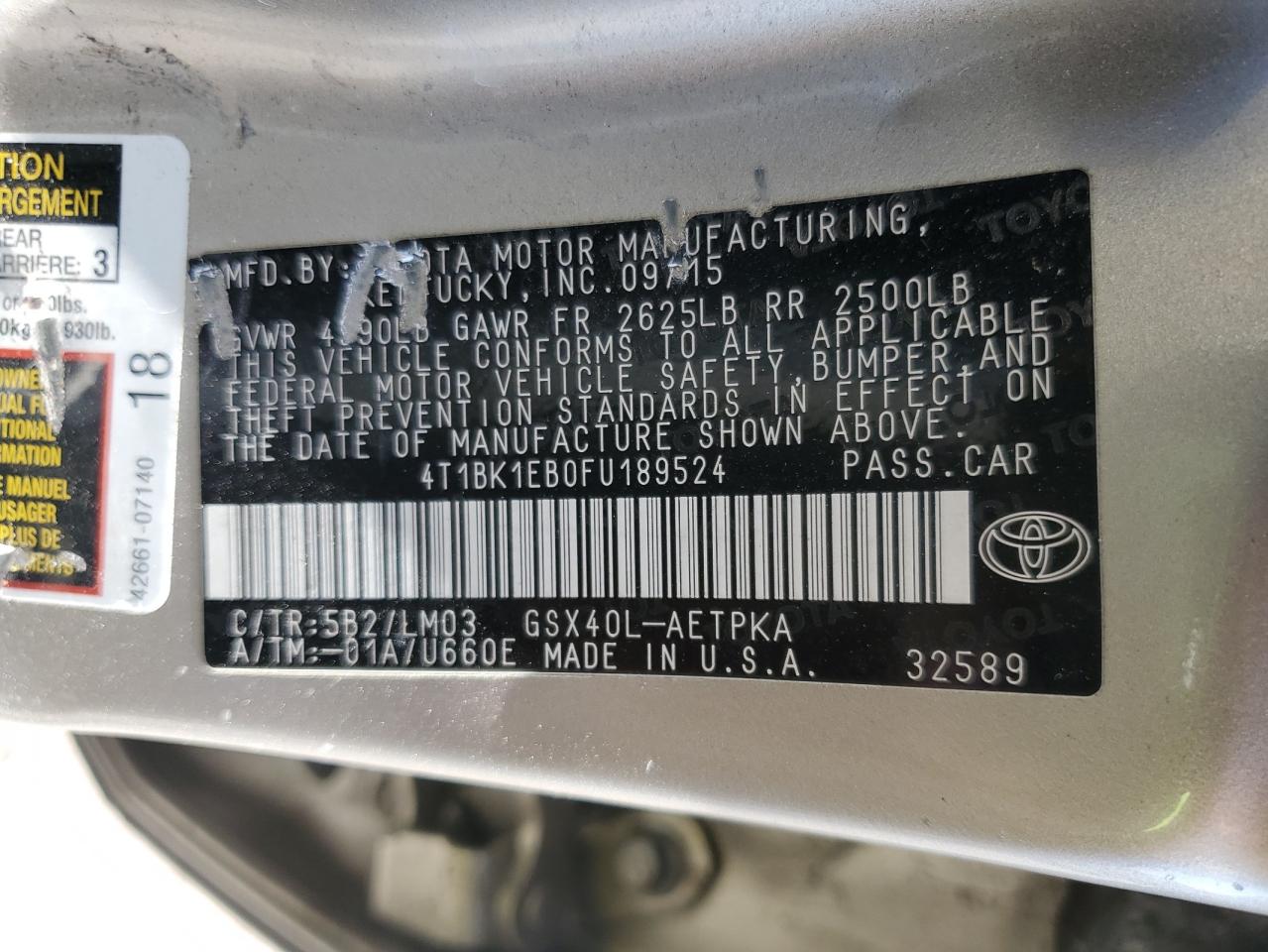 2015 Toyota Avalon Xle VIN: 4T1BK1EB0FU189524 Lot: 84615115