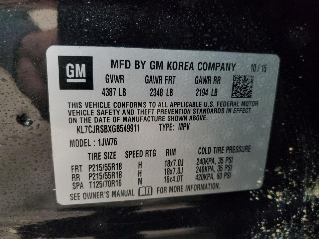 2016 Chevrolet Trax Ltz VIN: KL7CJRSBXGB549911 Lot: 86705075