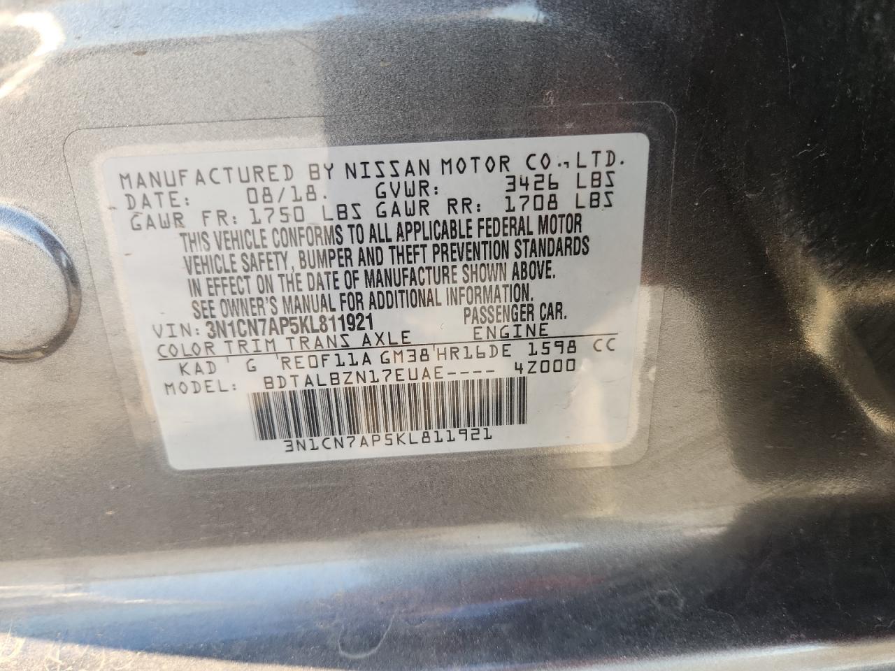 2019 Nissan Versa S VIN: 3N1CN7AP5KL811921 Lot: 81926965