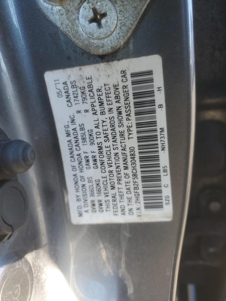 2012 Honda Civic Lx VIN: 2HGFB2F58CH304830 Lot: 85703085