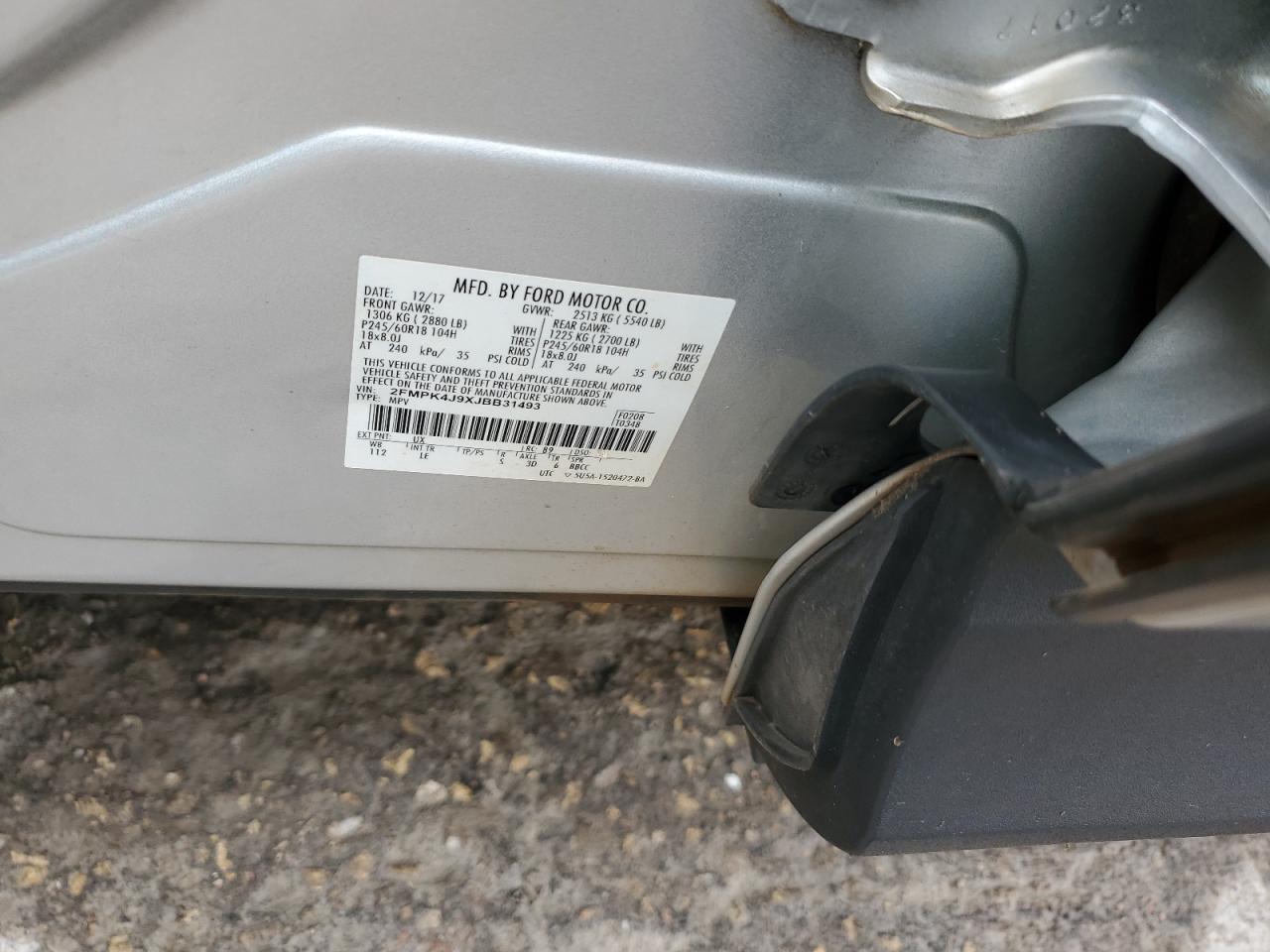 2018 Ford Edge Sel VIN: 2FMPK4J9XJBB31493 Lot: 82255955