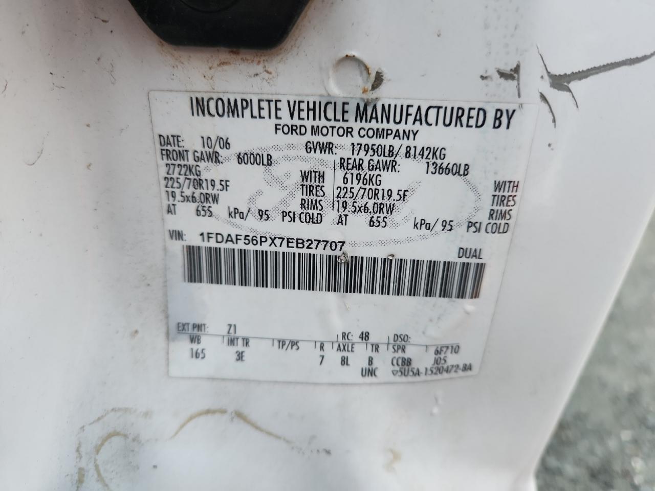 2007 Ford F550 Super Duty VIN: 1FDAF56PX7EB27707 Lot: 87265315