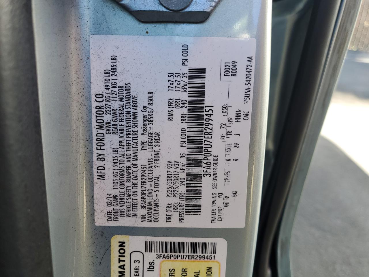 2014 Ford Fusion Se Phev VIN: 3FA6P0PU7ER299451 Lot: 86095445