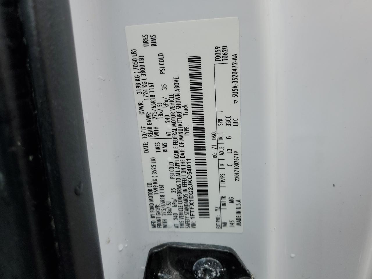 2018 Ford F150 Super Cab VIN: 1FTFX1EG2JKC54011 Lot: 89510215