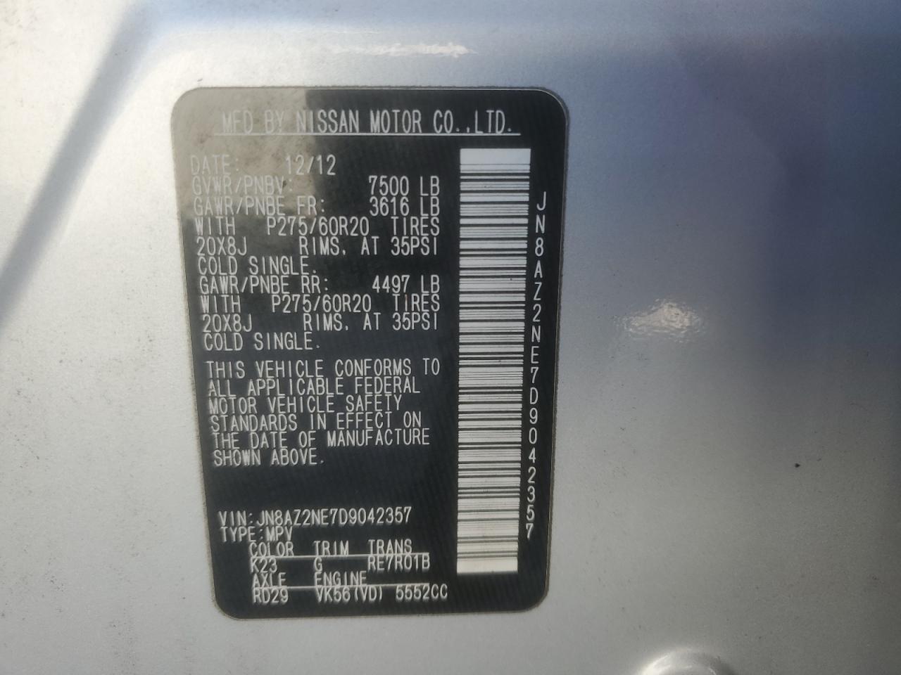 2013 Infiniti Qx56 VIN: JN8AZ2NE7D9042357 Lot: 82213035