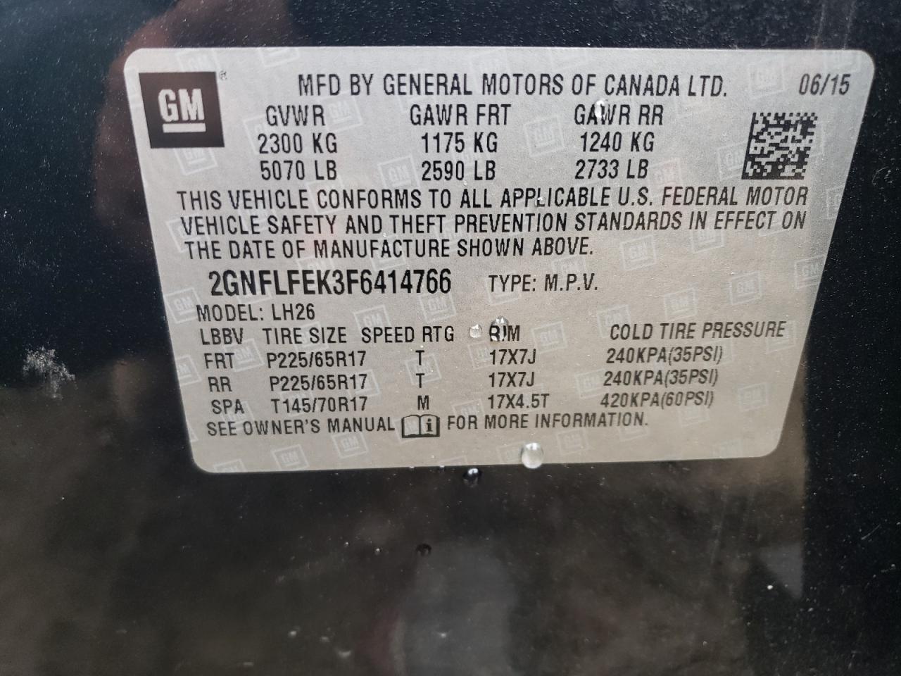 2015 Chevrolet Equinox Lt VIN: 2GNFLFEK3F6414766 Lot: 90228025