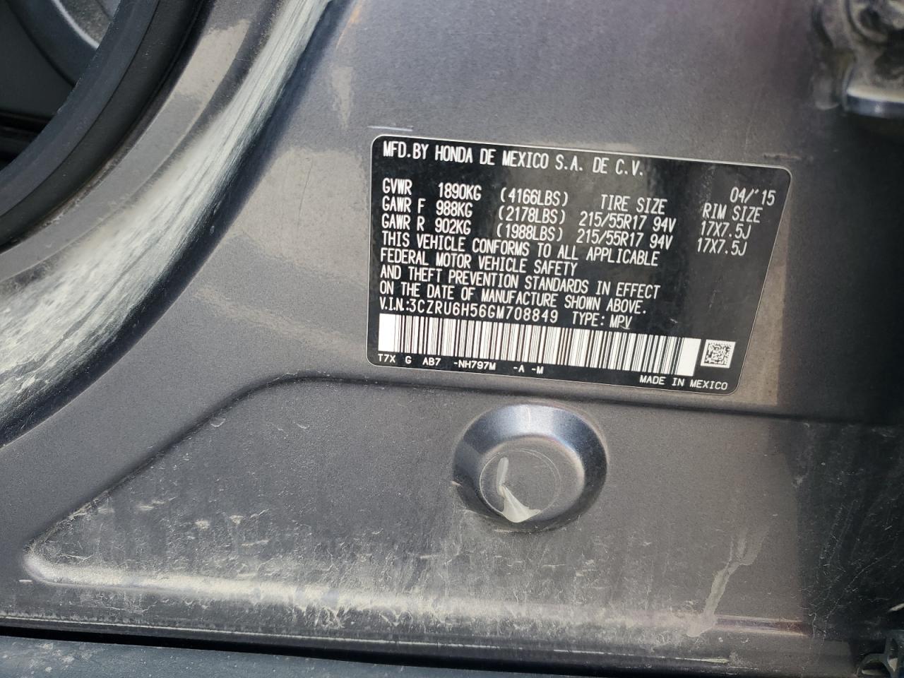 2016 Honda Hr-V Ex VIN: 3CZRU6H56GM708849 Lot: 81939585