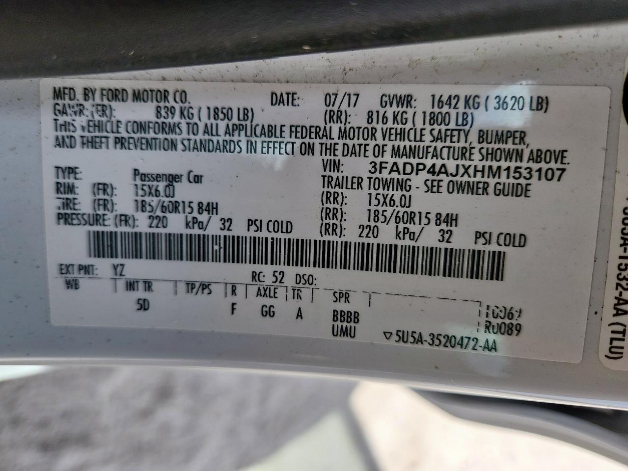 2017 Ford Fiesta S VIN: 3FADP4AJXHM153107 Lot: 85332095