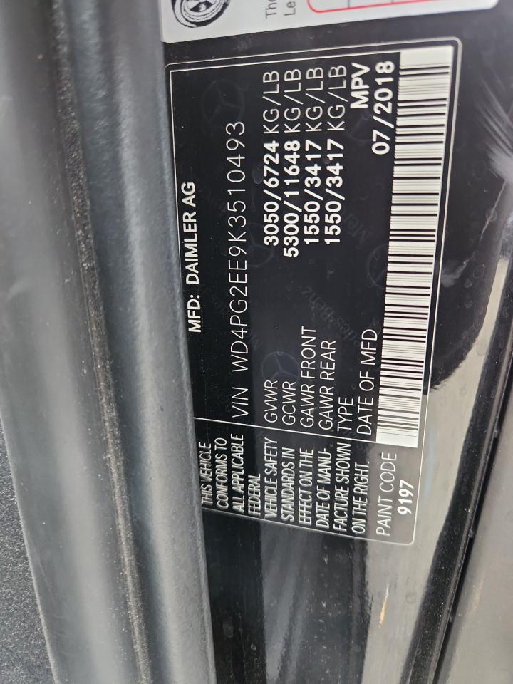 2019 Mercedes-Benz Metris VIN: WD4PG2EE9K3510493 Lot: 86092135