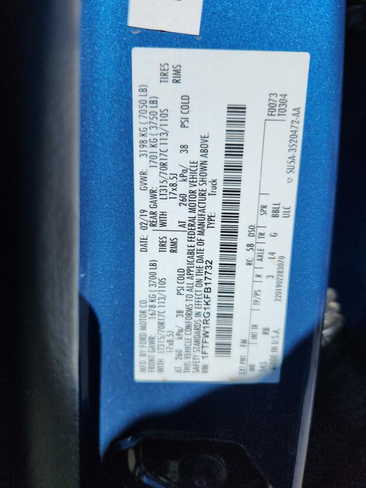 2019 Ford F150 Raptor VIN: 1FTFW1RG1KFB17732 Lot: 90109955