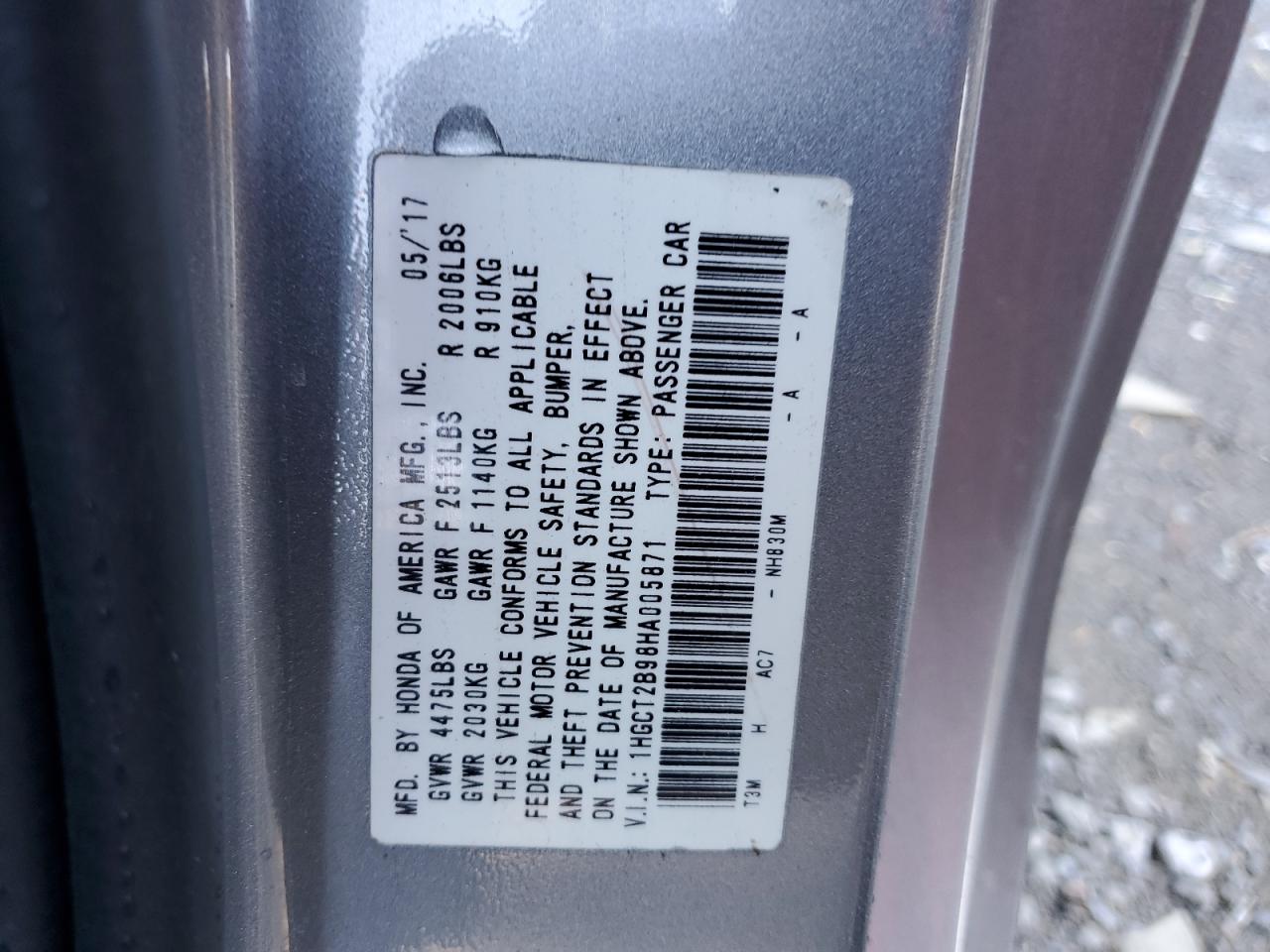 2017 Honda Accord Exl VIN: 1HGCT2B98HA005871 Lot: 87426745