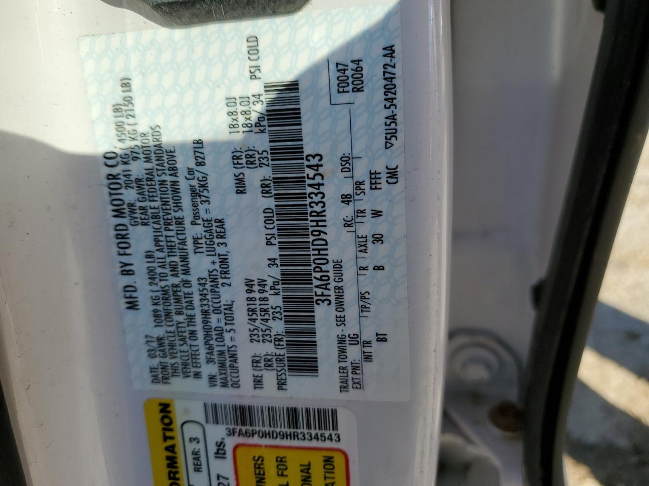 2017 Ford Fusion Se VIN: 3FA6P0HD9HR334543 Lot: 90832005