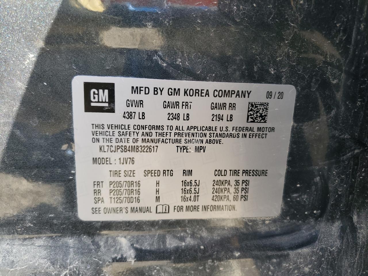 2021 Chevrolet Trax 1Lt VIN: KL7CJPSB4MB322617 Lot: 81984385