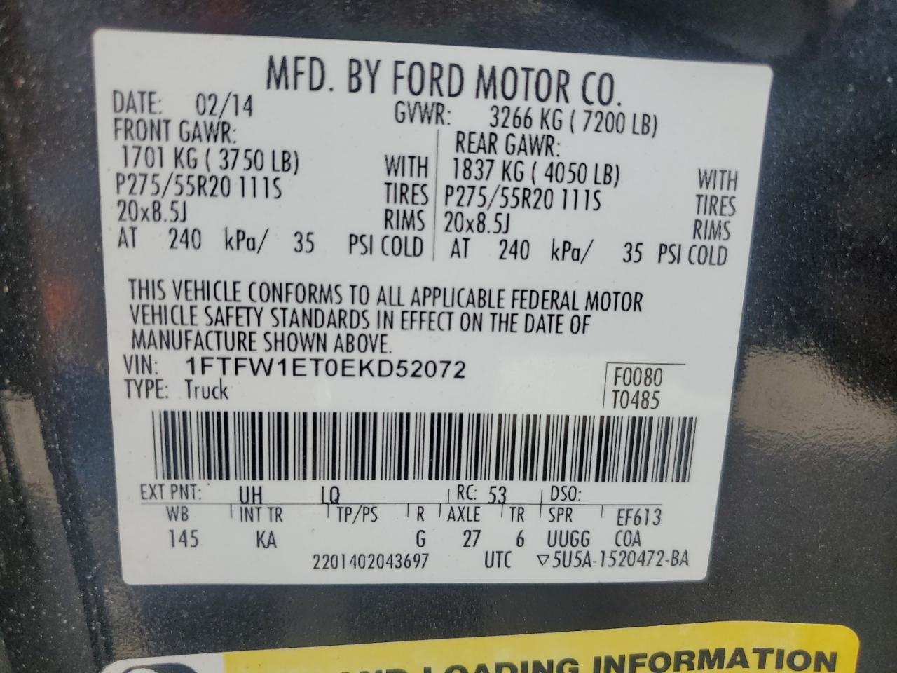 2014 Ford F150 Supercrew VIN: 1FTFW1ET0EKD52072 Lot: 87244655