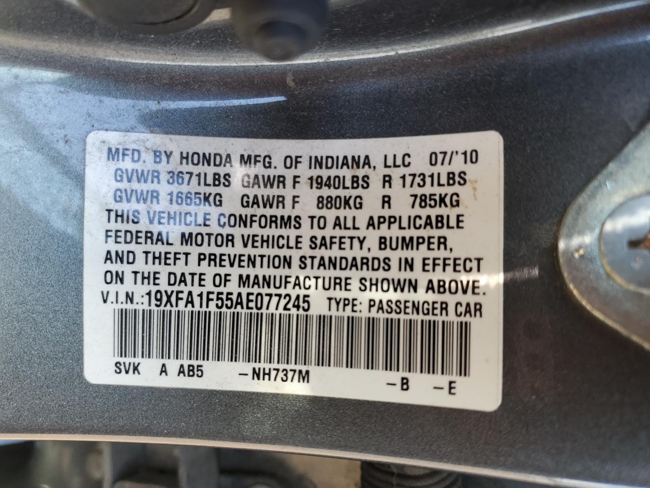 2010 Honda Civic Lx VIN: 19XFA1F55AE077245 Lot: 85706945