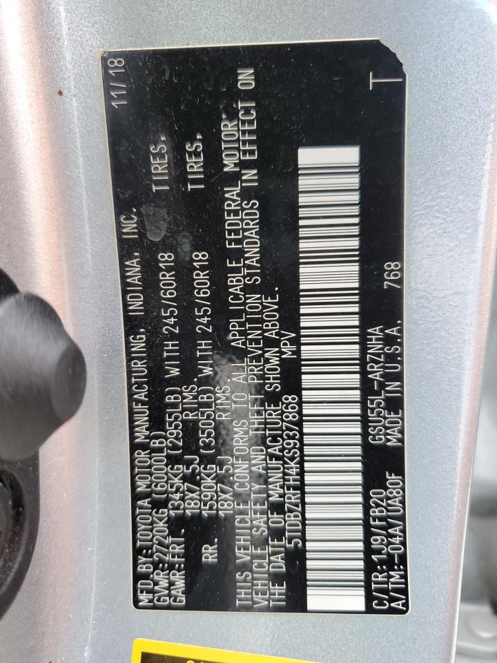 2019 Toyota Highlander Le VIN: 5TDBZRFH4KS937868 Lot: 85517835