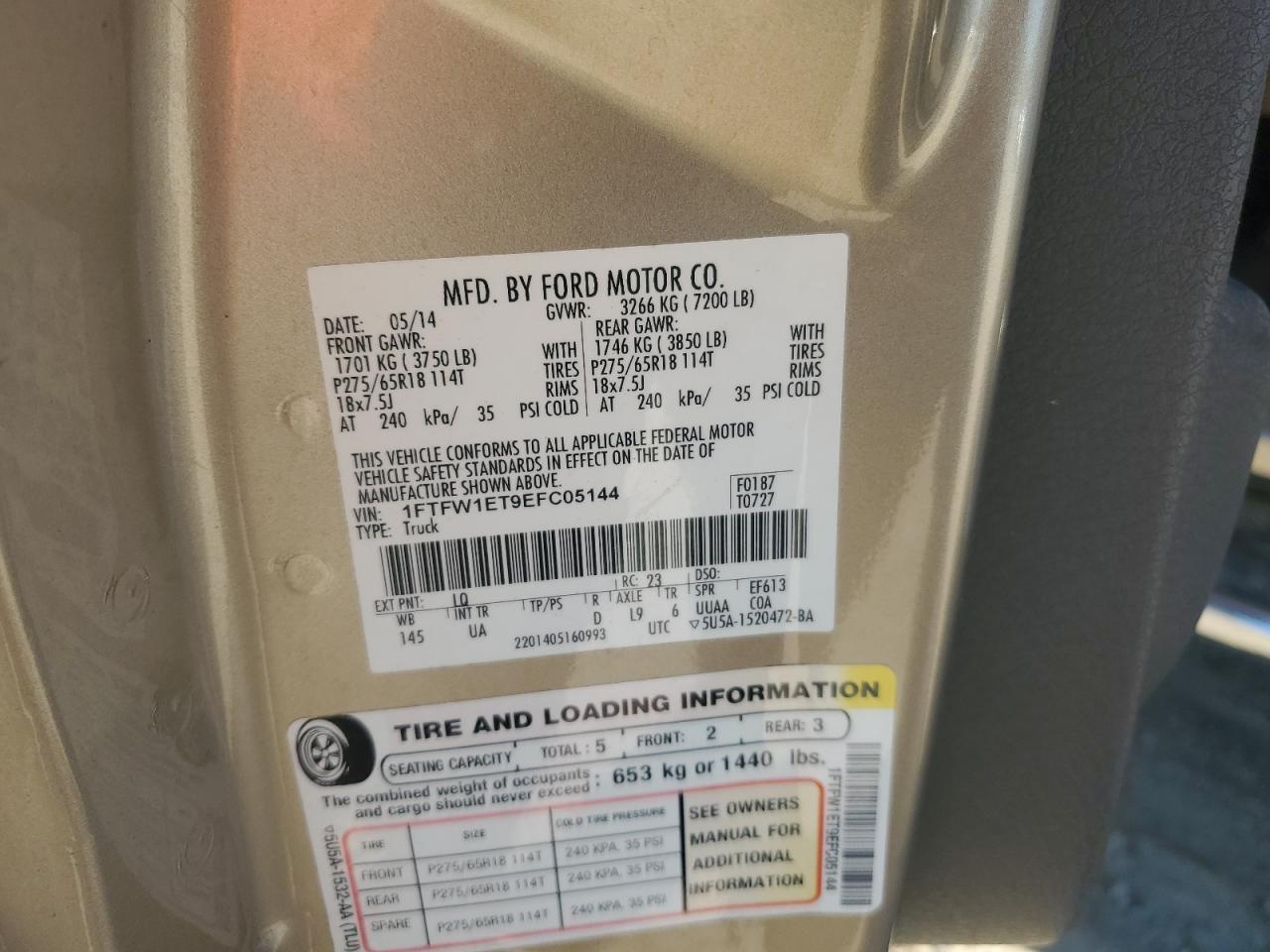 2014 Ford F150 Supercrew VIN: 1FTFW1ET9EFC05144 Lot: 86668705