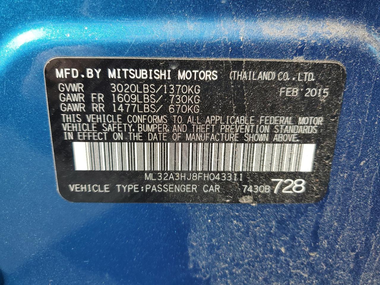 2015 Mitsubishi Mirage De VIN: ML32A3HJ8FH043311 Lot: 84523695