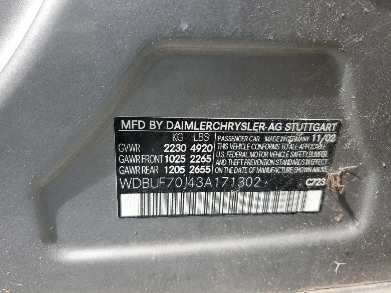 2003 Mercedes-Benz E 500 VIN: WDBUF70J43A171302 Lot: 84865215