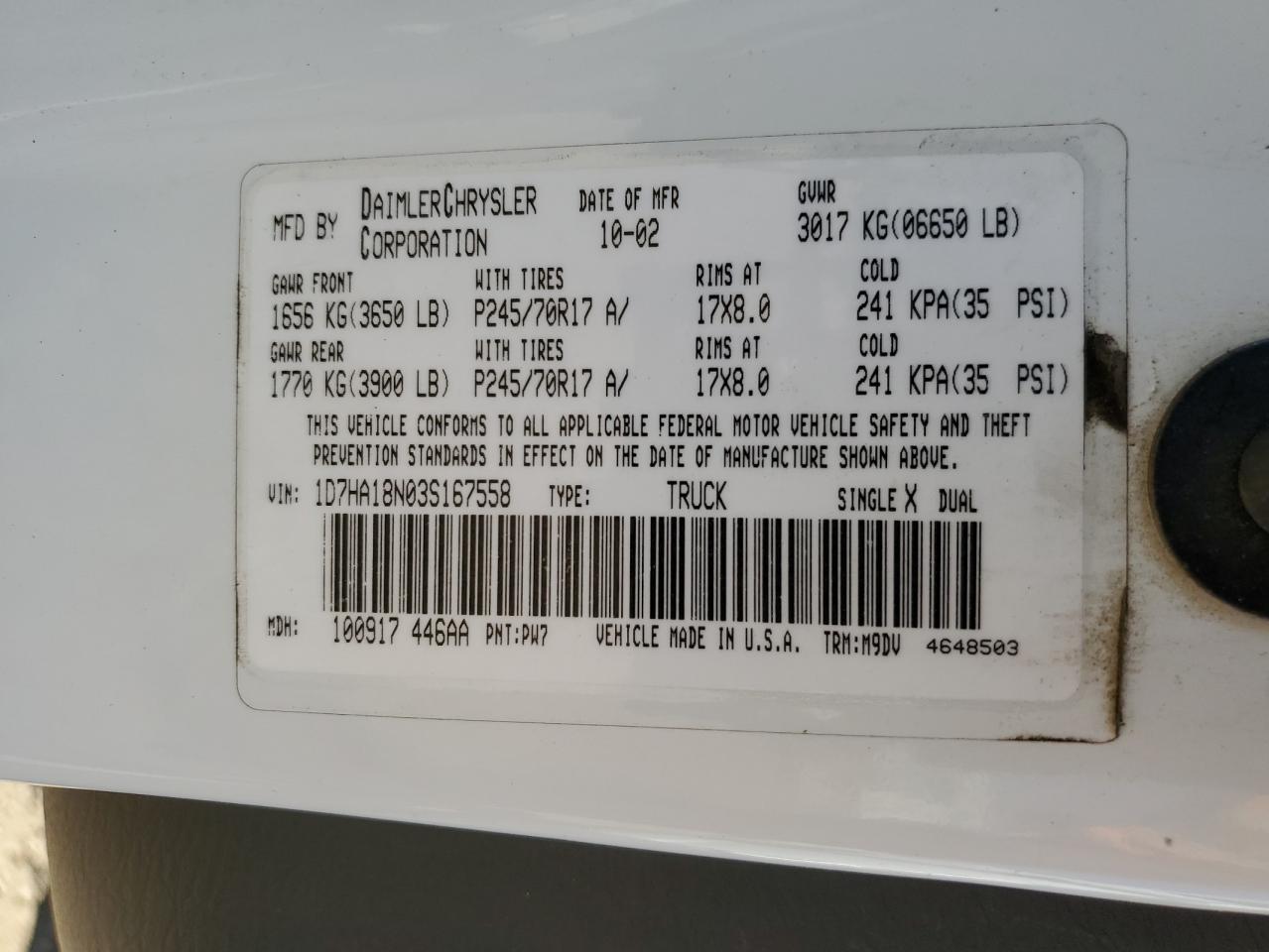 2003 Dodge Ram 1500 St VIN: 1D7HA18N03S167558 Lot: 81855995