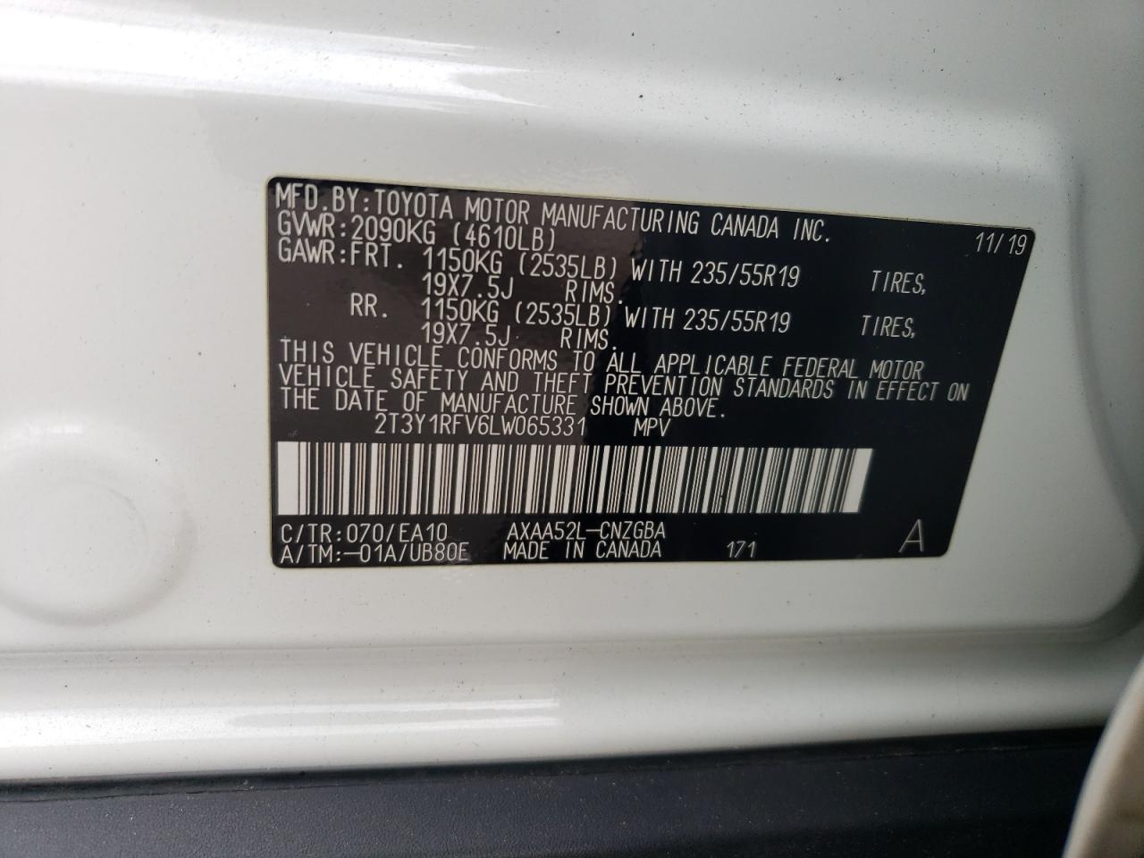 2020 Toyota Rav4 Limited VIN: 2T3Y1RFV6LW065331 Lot: 86127935