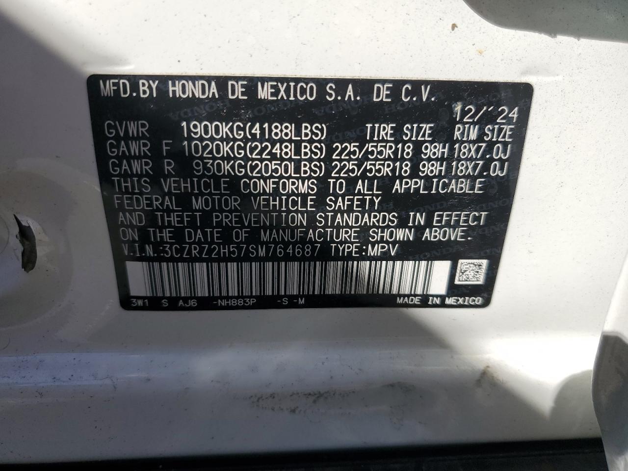 2025 Honda Hr-V Sport VIN: 3CZRZ2H57SM764687 Lot: 84449455