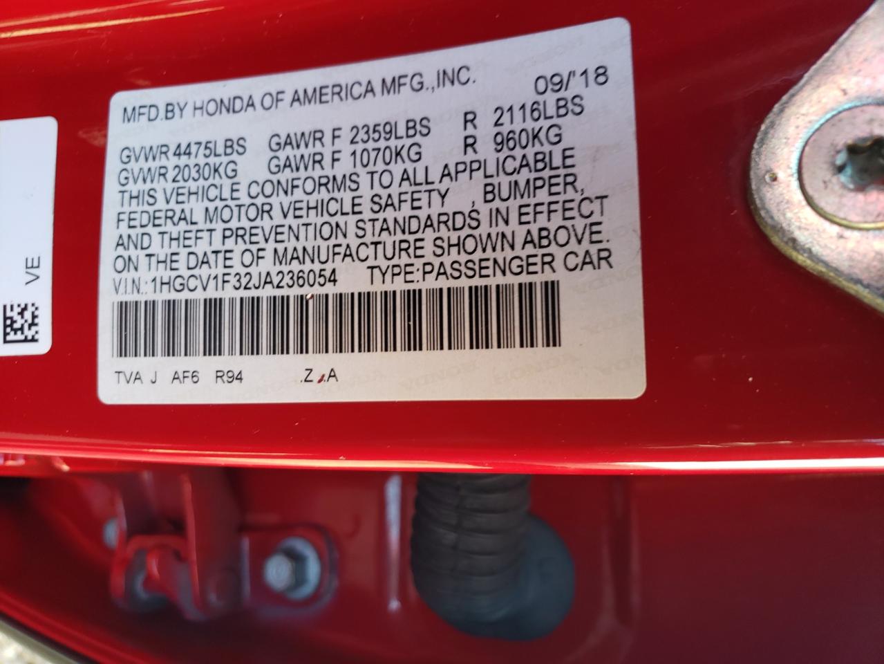 2018 Honda Accord Sport VIN: 1HGCV1F32JA236054 Lot: 86143255