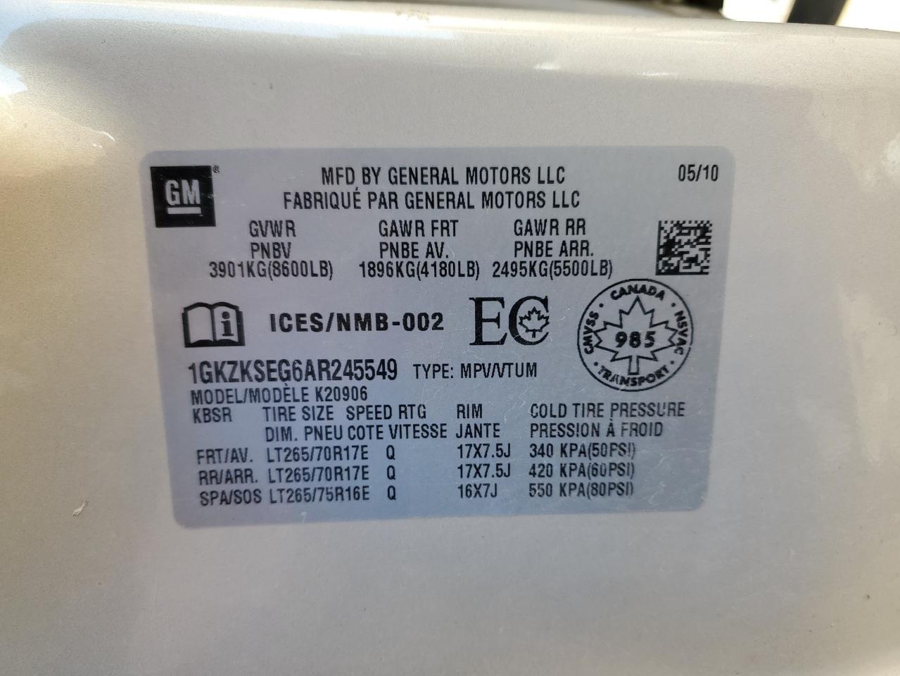 2010 GMC Yukon Xl K2500 Slt VIN: 1GKZKSEG6AR245549 Lot: 90253635