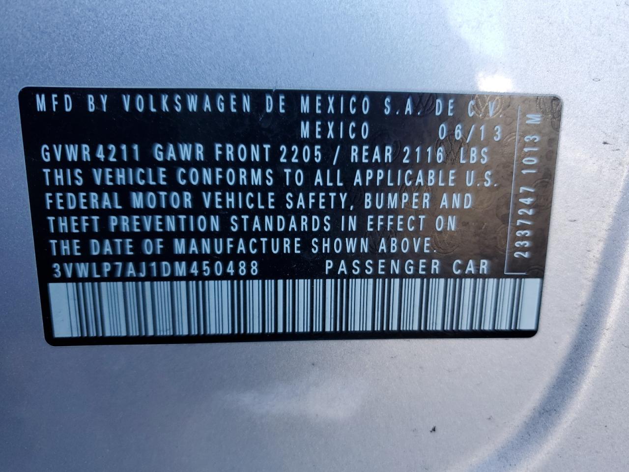 2013 Volkswagen Jetta Sel VIN: 3VWLP7AJ1DM450488 Lot: 91208975