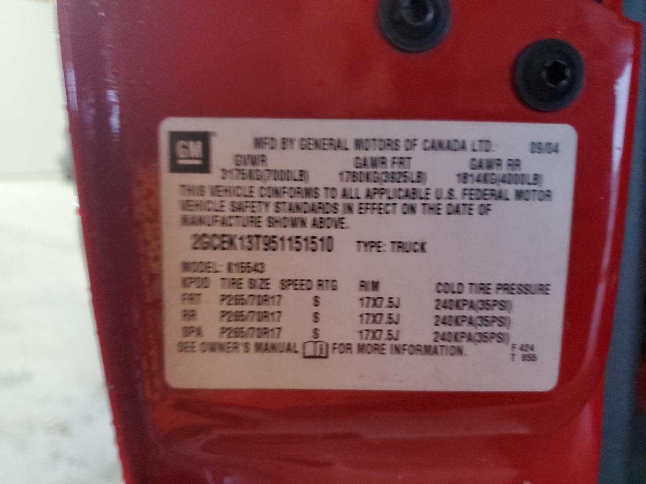 2005 Chevrolet Silverado K1500 VIN: 2GCEK13T951151510 Lot: 85176635