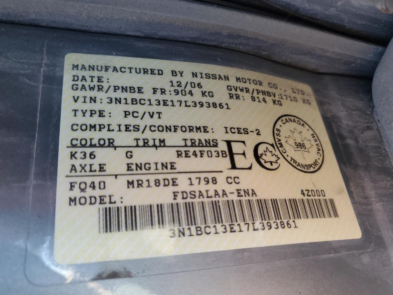 2007 Nissan Versa S VIN: 3N1BC13E17L393861 Lot: 86874015
