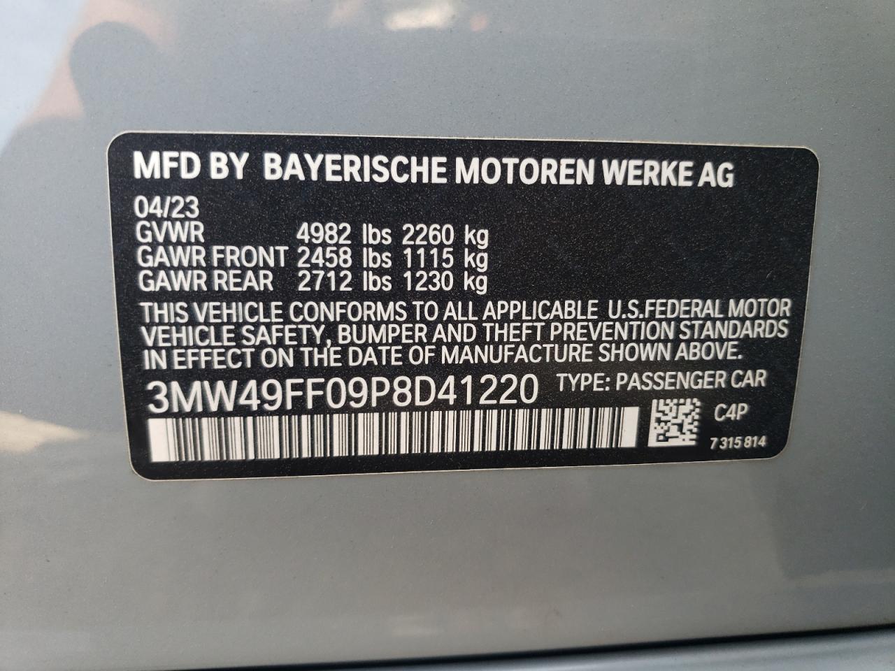 2023 BMW M340Xi VIN: 3MW49FF09P8D41220 Lot: 84793575