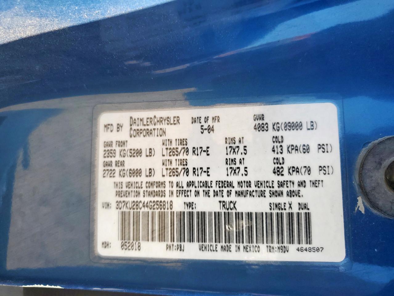 2004 Dodge Ram 2500 St VIN: 3D7KU28C44G256818 Lot: 86234215