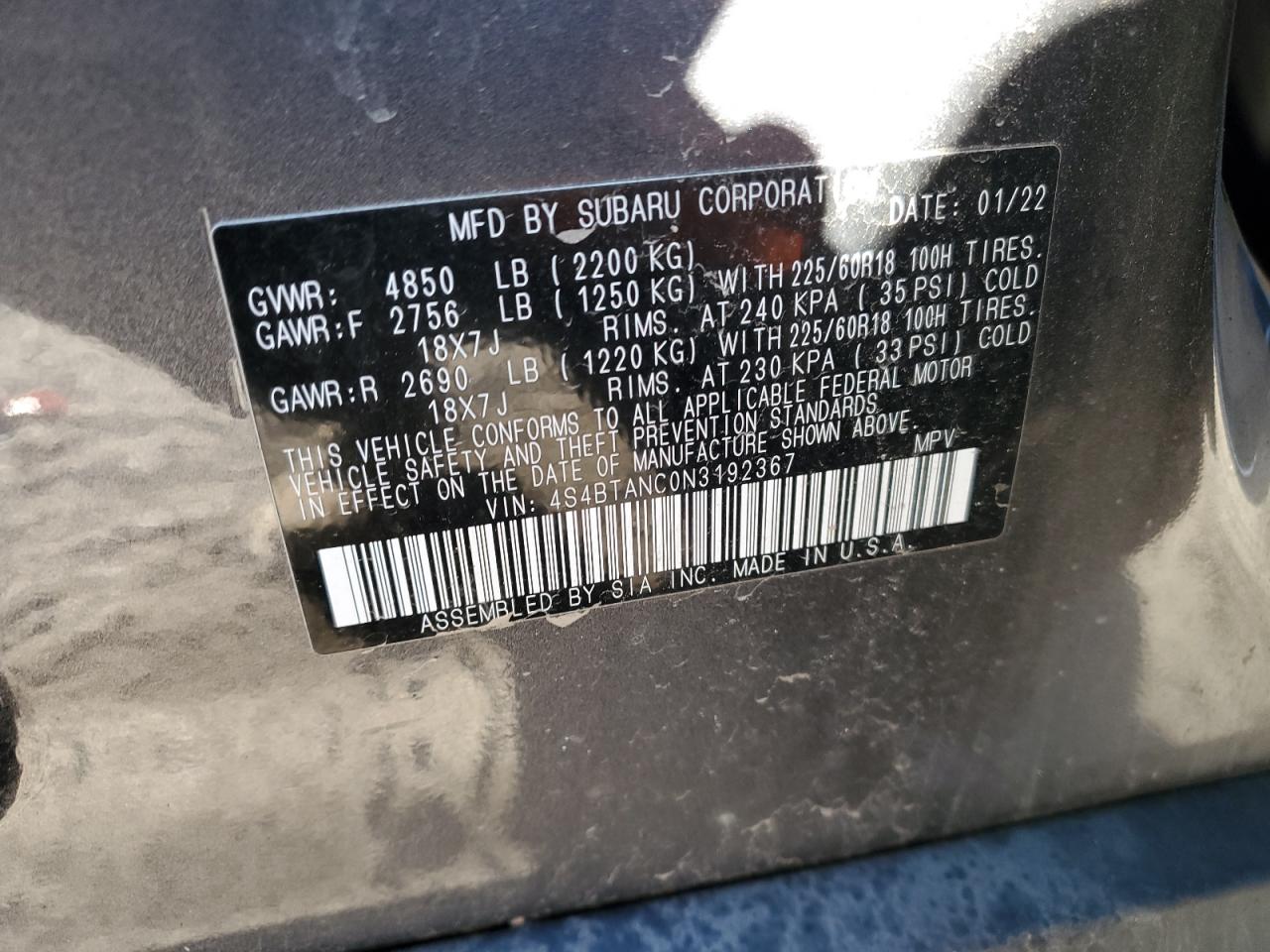 2022 Subaru Outback Limited VIN: 4S4BTANC0N3192367 Lot: 86272305