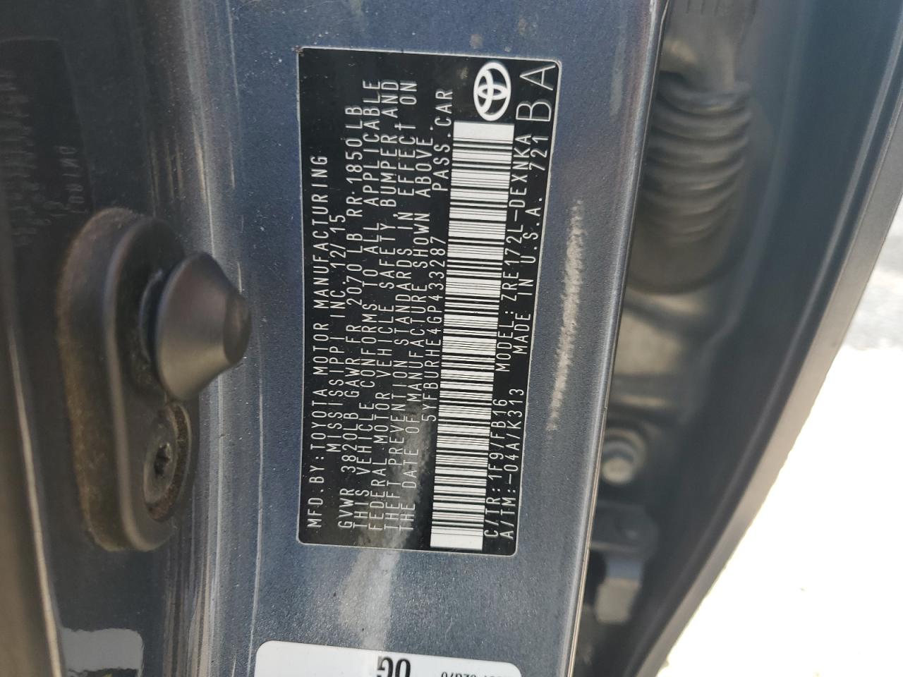 2016 Toyota Corolla L VIN: 5YFBURHE4GP433287 Lot: 82174105