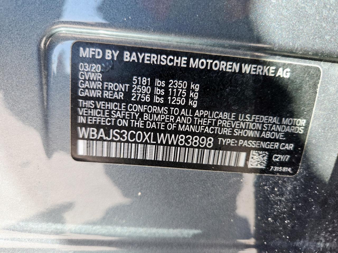 2020 BMW 540 Xi VIN: WBAJS3C0XLWW83898 Lot: 82400605