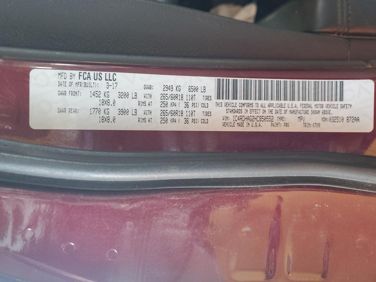 2017 Dodge Durango Sxt VIN: 1C4RDHAG2HC850552 Lot: 85598545