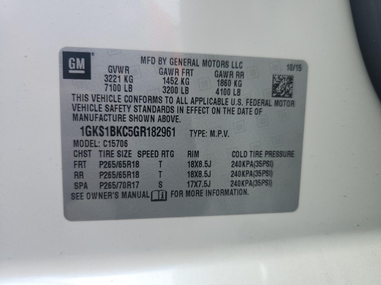 2016 GMC Yukon Slt VIN: 1GKS1BKC5GR182961 Lot: 90339035