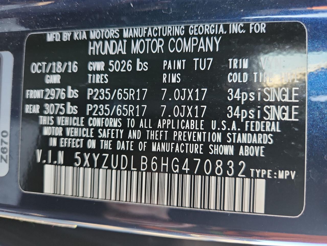 2017 Hyundai Santa Fe Sport VIN: 5XYZUDLB6HG470832 Lot: 86548445