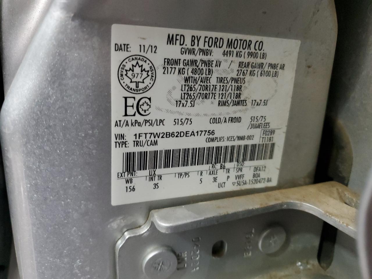 2013 Ford F250 Super Duty VIN: 1FT7W2B62DEA17756 Lot: 84916635