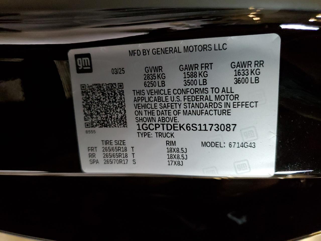 2025 Chevrolet Colorado Z71 VIN: 1GCPTDEK6S1173087 Lot: 81800145