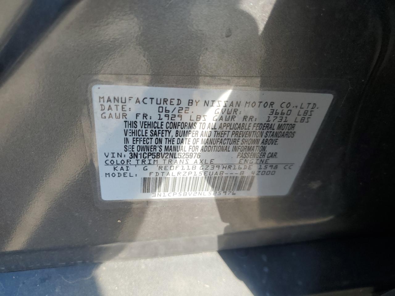 2022 Nissan Kicks S VIN: 3N1CP5BV2NL525976 Lot: 85784225