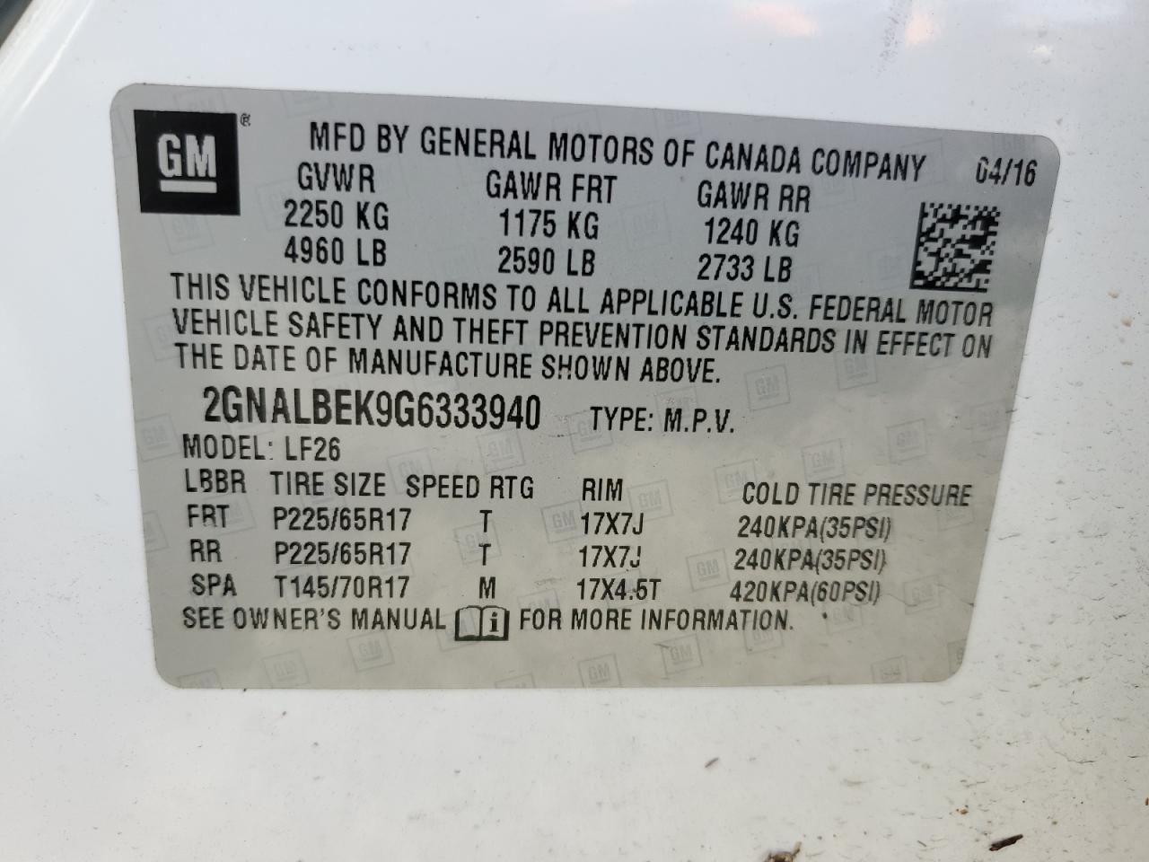 2016 Chevrolet Equinox Ls VIN: 2GNALBEK9G6333940 Lot: 85675435