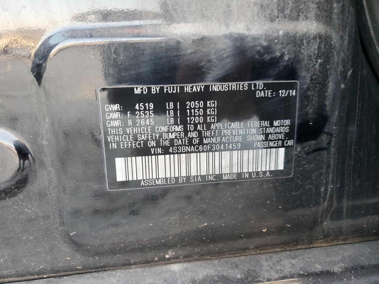 2015 Subaru Legacy 2.5I Premium VIN: 4S3BNAC60F3041459 Lot: 85074485