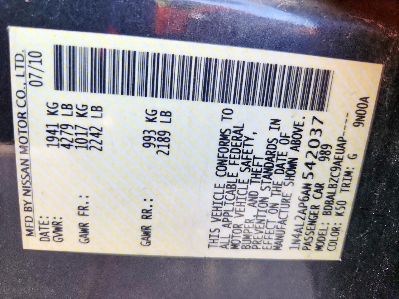 2010 Nissan Altima Base VIN: 1N4AL2AP6AN542037 Lot: 82261635