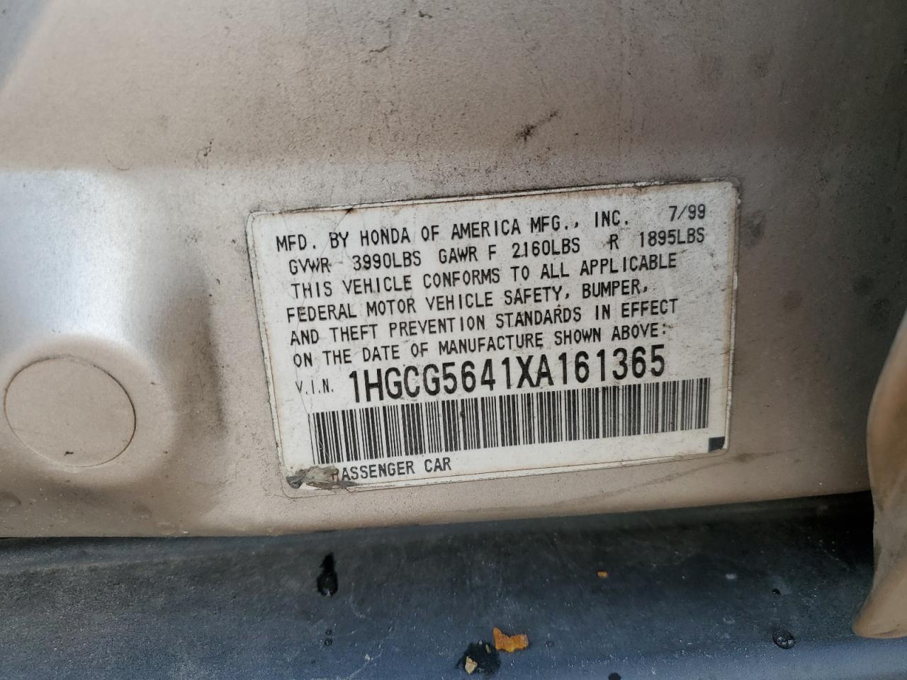 1999 Honda Accord Lx VIN: 1HGCG5641XA161365 Lot: 90614115