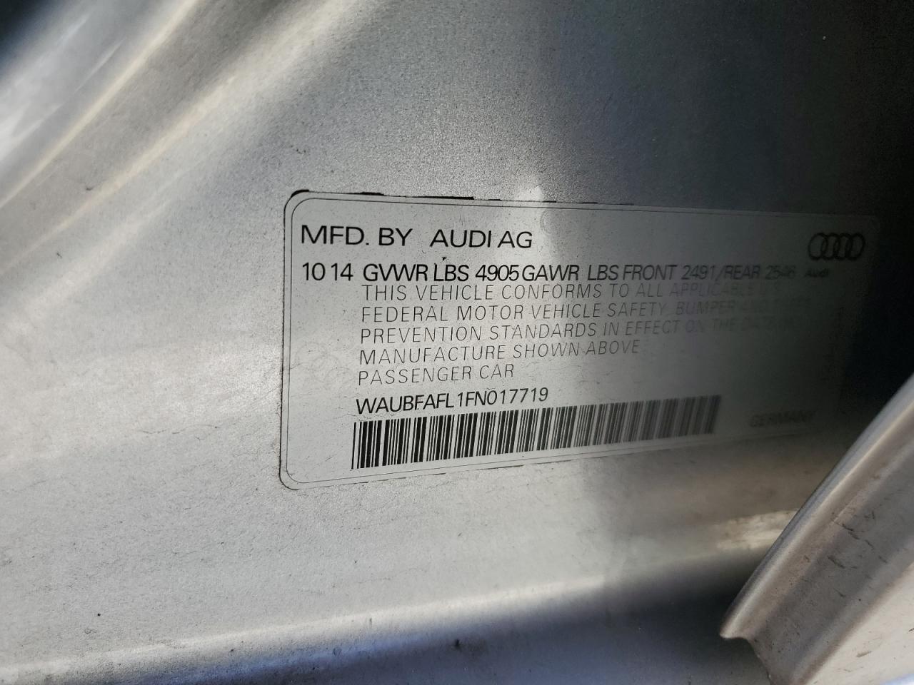 2015 Audi A4 Premium VIN: WAUBFAFL1FN017719 Lot: 84932345