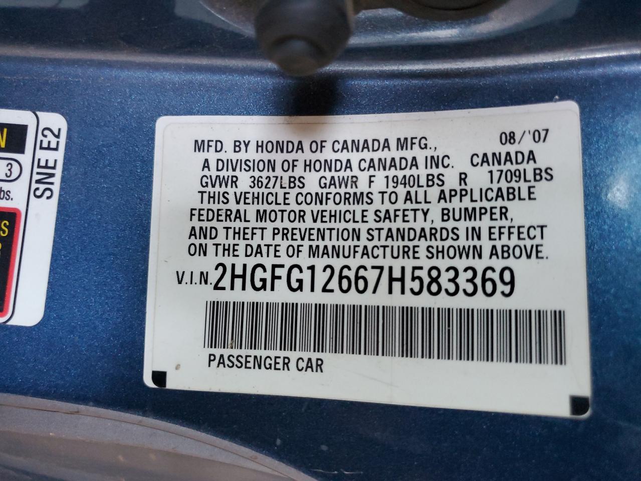 2007 Honda Civic Lx VIN: 2HGFG12667H583369 Lot: 86885565