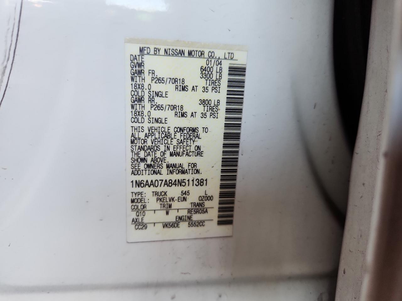 2004 Nissan Titan Xe VIN: 1N6AA07A84N511381 Lot: 85501115